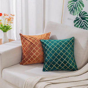 Gold scale pattern velvet cushion cover in orange and green, 45x45 cm