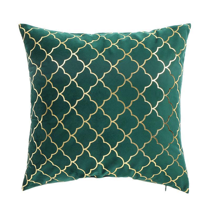 Luxury square cushion cover in soft velvet with gold scale pattern, orange and green design