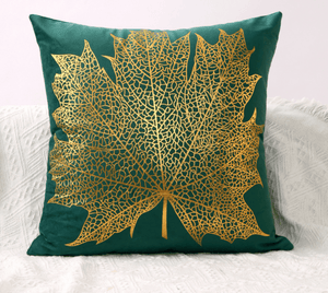 Green velvet cushion cover with gold leaf pattern, luxury decorative pillowcase, 45x45 cm