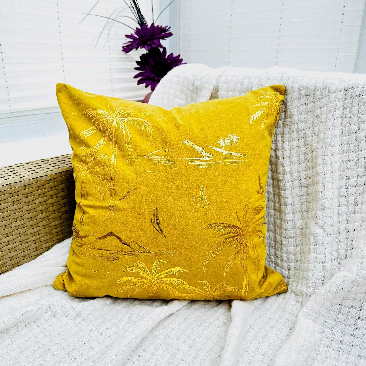 Mustard yellow square velvet pillow cover with gold stamping of palm tree pattern, 45x45 cm