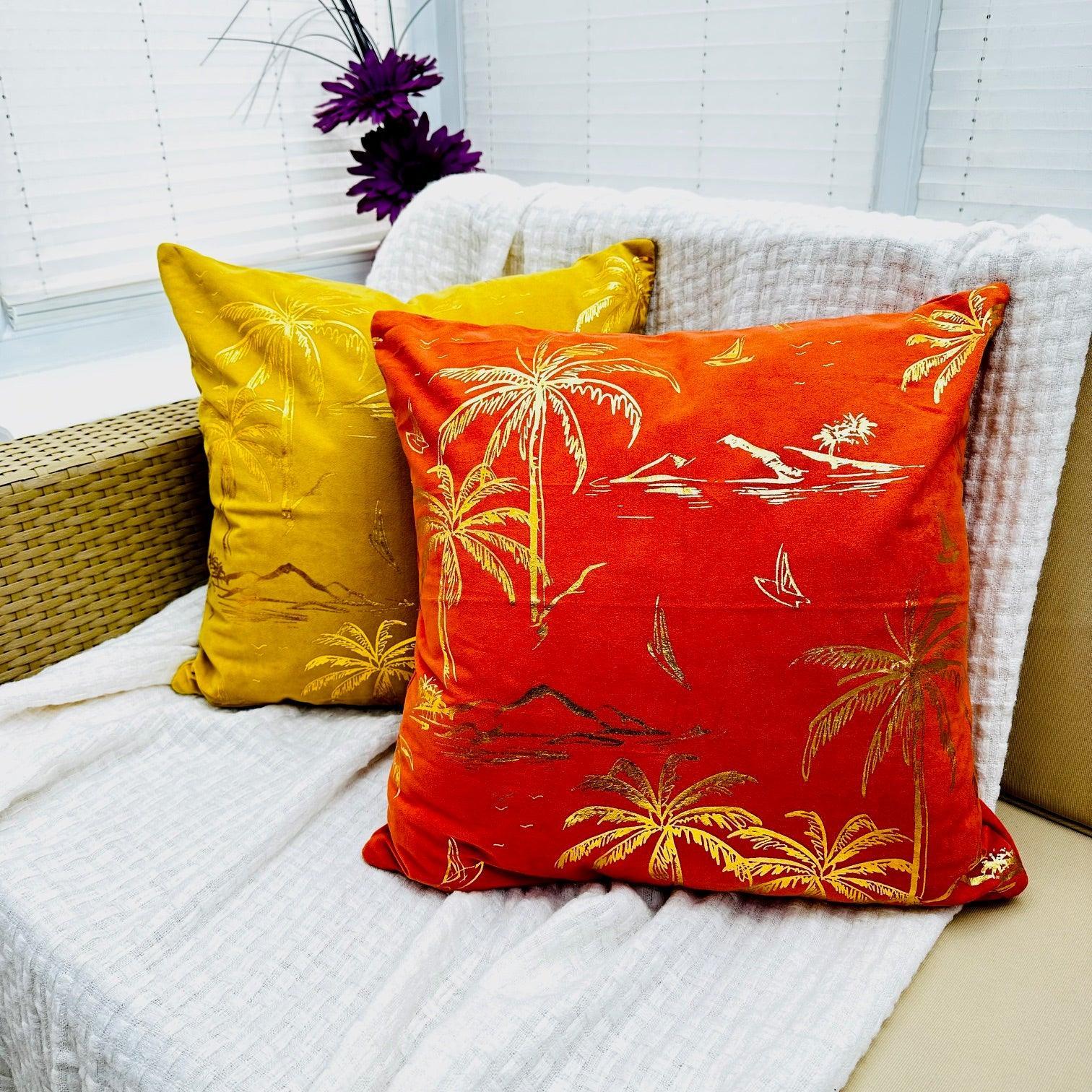 Orange luxury velvet pillow cover with gold stamped palm tree design, 45x45 cm