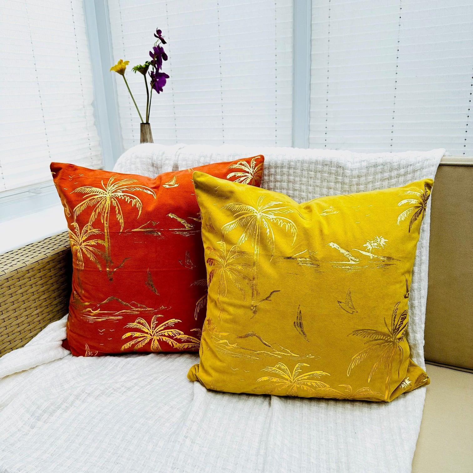 Gold stamping palm tree pattern velvet cushion cover, size 45x45 cm