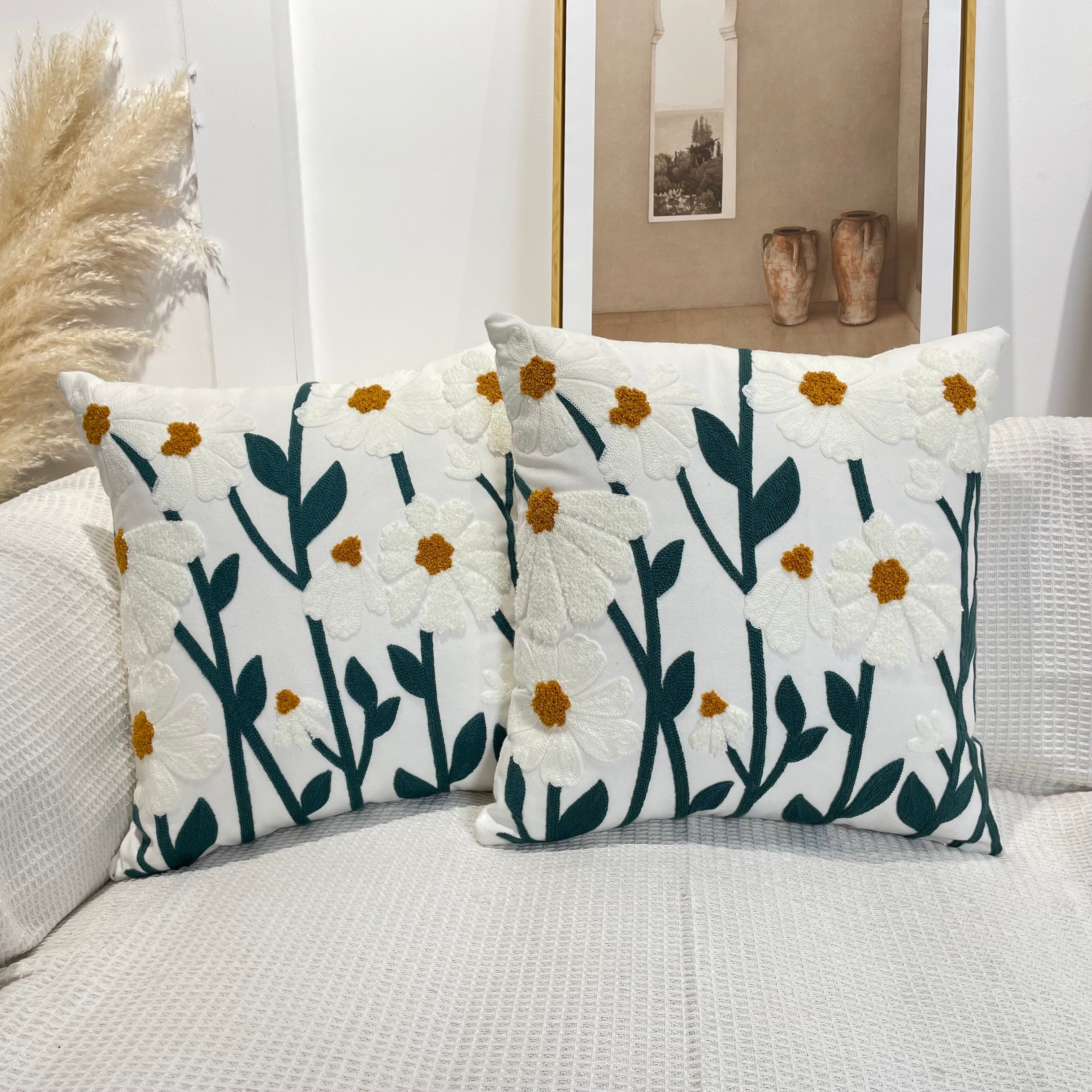 Pure Cotton Flower Pattern Custom Boho Tassel Style Tufted Cushion Cover 45x45cm (18 x 18 Inches)