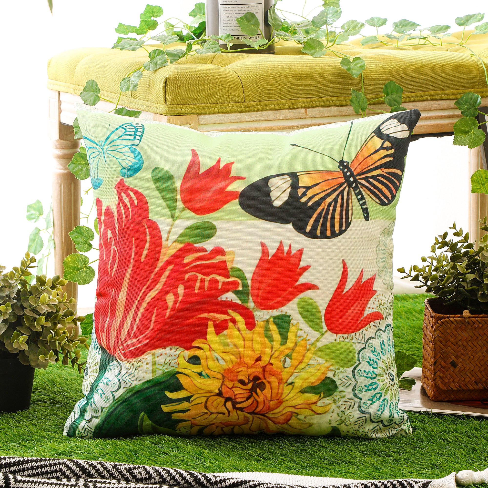 Durable and fade-resistant cushion cover with a stylish butterfly and flower design.