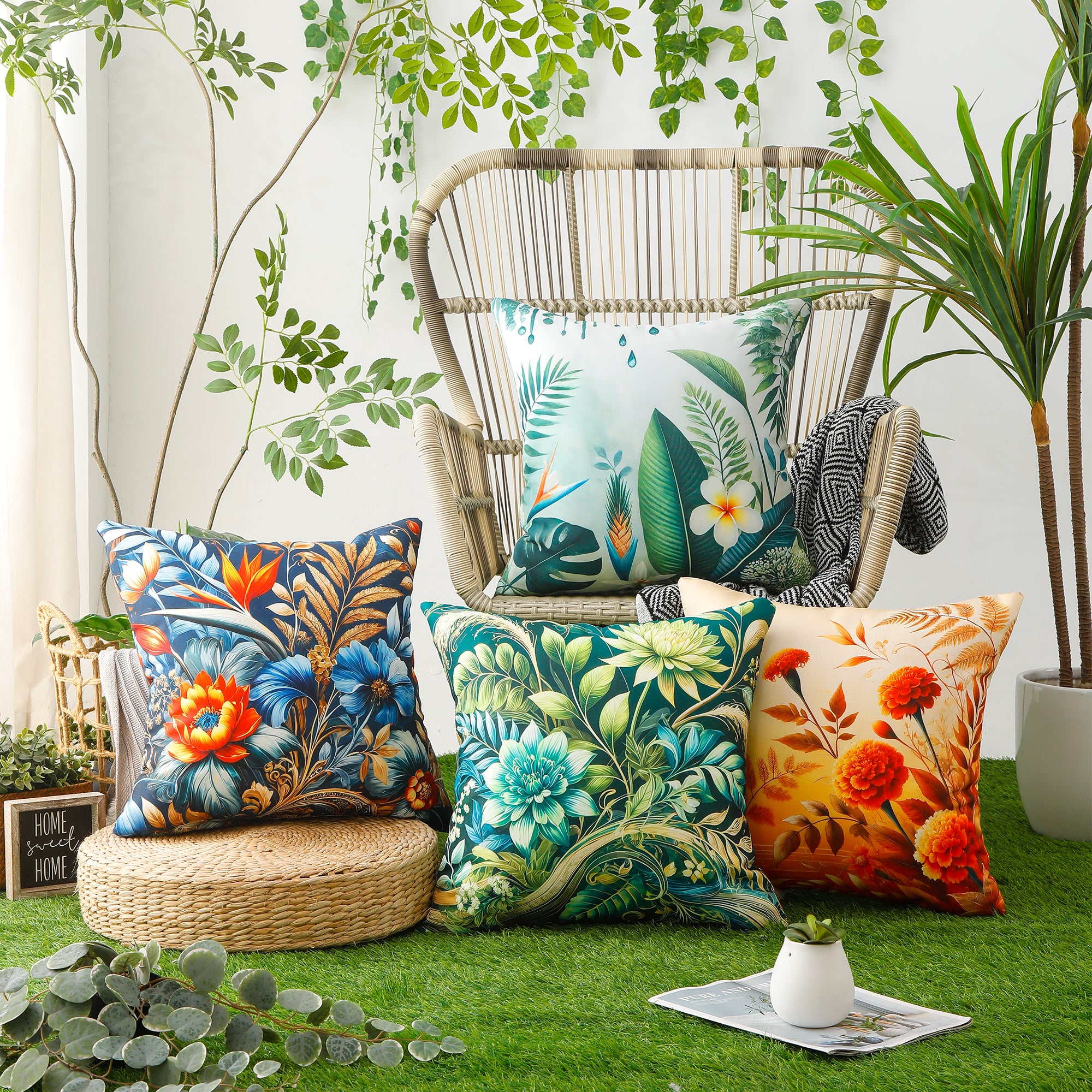 Water & Stain Resistant Floral Outdoor Cushion Cover 45x45cm Garden Décor - Design 1 (Orange)