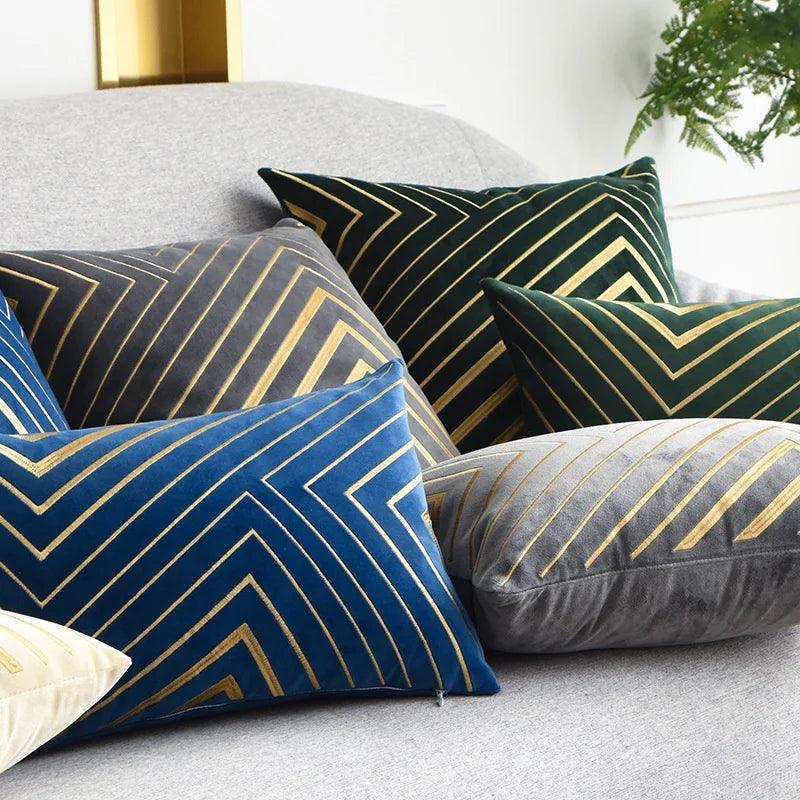 Luxury velvet pillow cover featuring gold striping and embroidered design, 18x18 inches (45x45 cm)