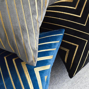 Gold Striping Embroidered Velvet Cushion Cover (18x18" - 45x45 cm)