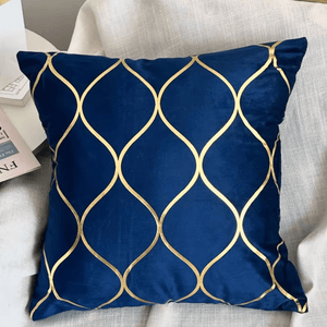 Dark blue velvet cushion cover with gold geometric pattern, luxury decorative pillowcase measuring 45x45 cm