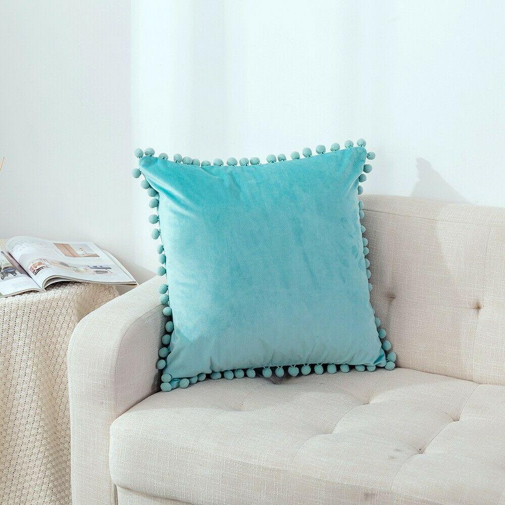 Luxury velvet pillow cover with pom pom design, perfect for sofa or bedroom