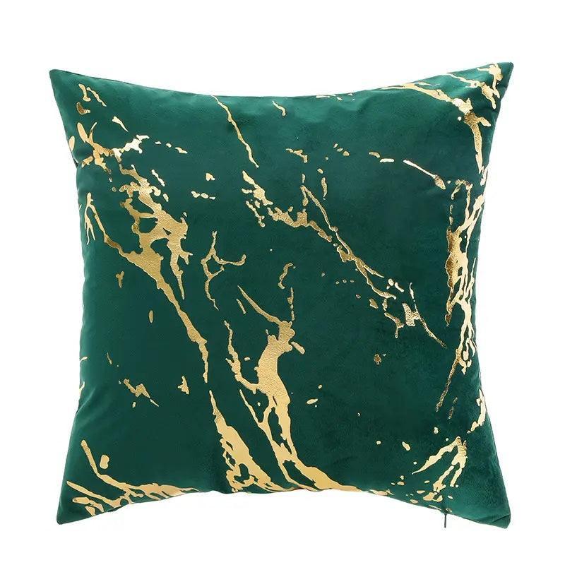 Green luxury square cushion cover in soft velvet featuring a gold marble design, 45x45 cm