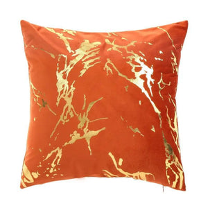 Orange square velvet cushion cover with a luxurious gold marble design, perfect for home decor