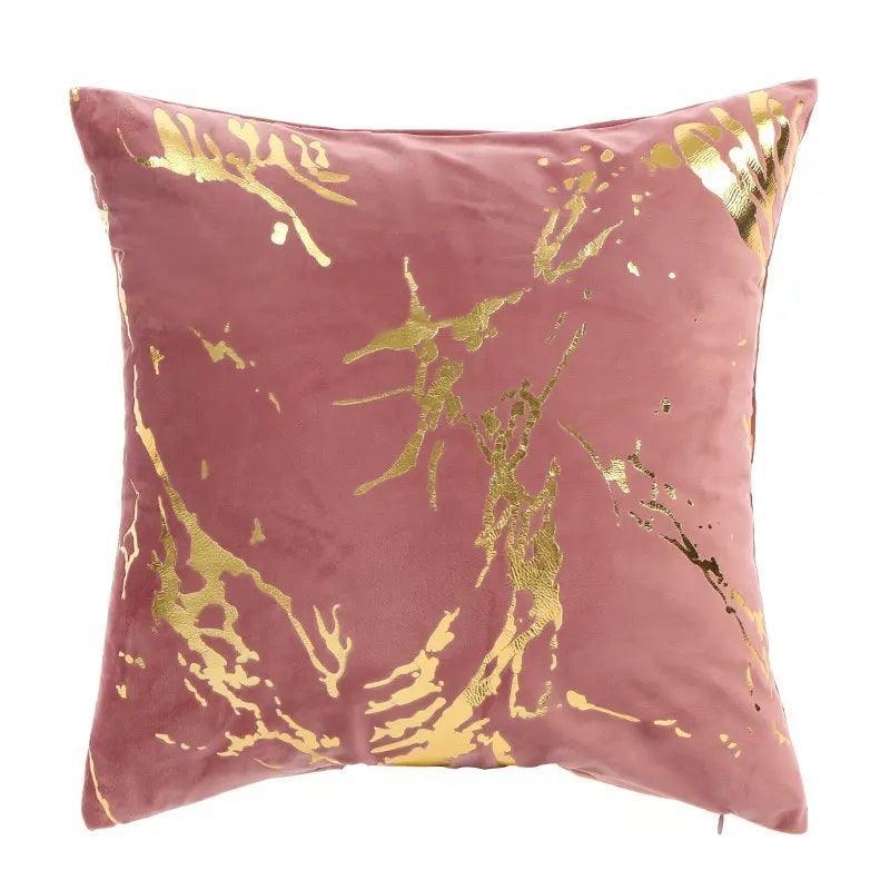 Blush Pink modern marble pattern cushion cover with gold accents on soft velvet