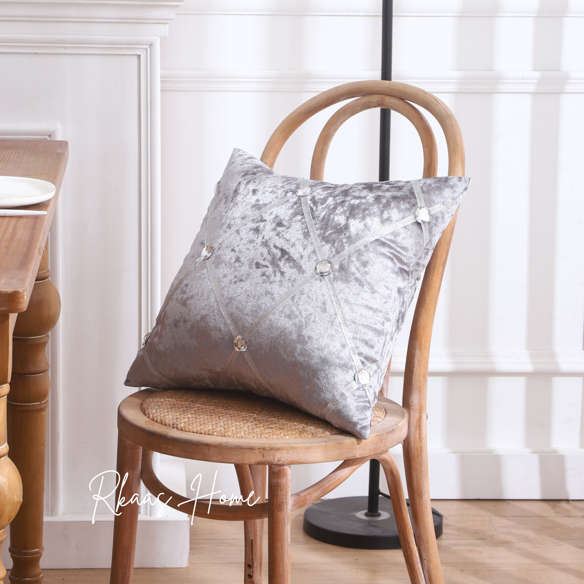 Diamante Sparkle/Bling Silver Grey Colour Crushed Ice Velvet Square Cushion Cover - Design 4 (Set of 2 pcs and 4 pcs)