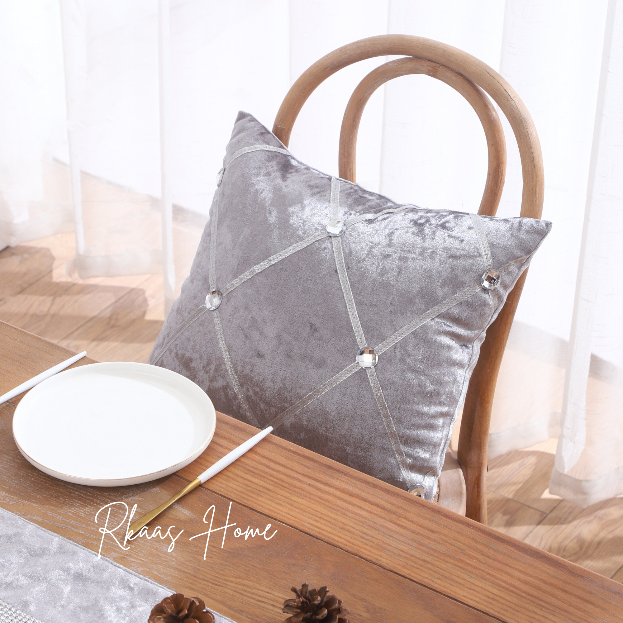 Diamante Sparkle/Bling Silver Grey Colour Crushed Ice Velvet Square Cushion Cover - Design 4 (Set of 2 pcs and 4 pcs)