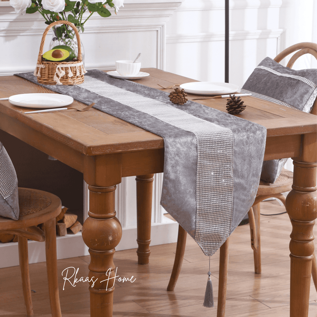 Silver grey diamante crushed ice velvet table runner, 32x180 cm, luxury decorative table accessory for elegant dining decor