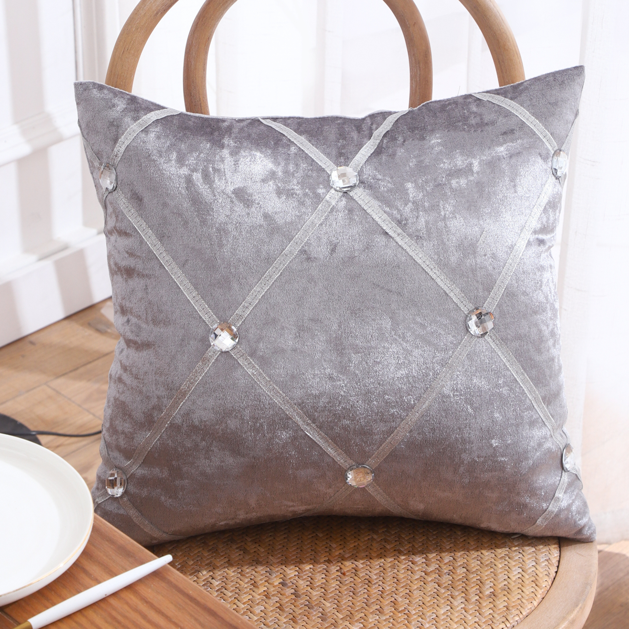 Diamante Sparkle/Bling Silver Grey Colour Crushed Ice Velvet Square Cushion Cover - Design 4 (Set of 2 pcs and 4 pcs)