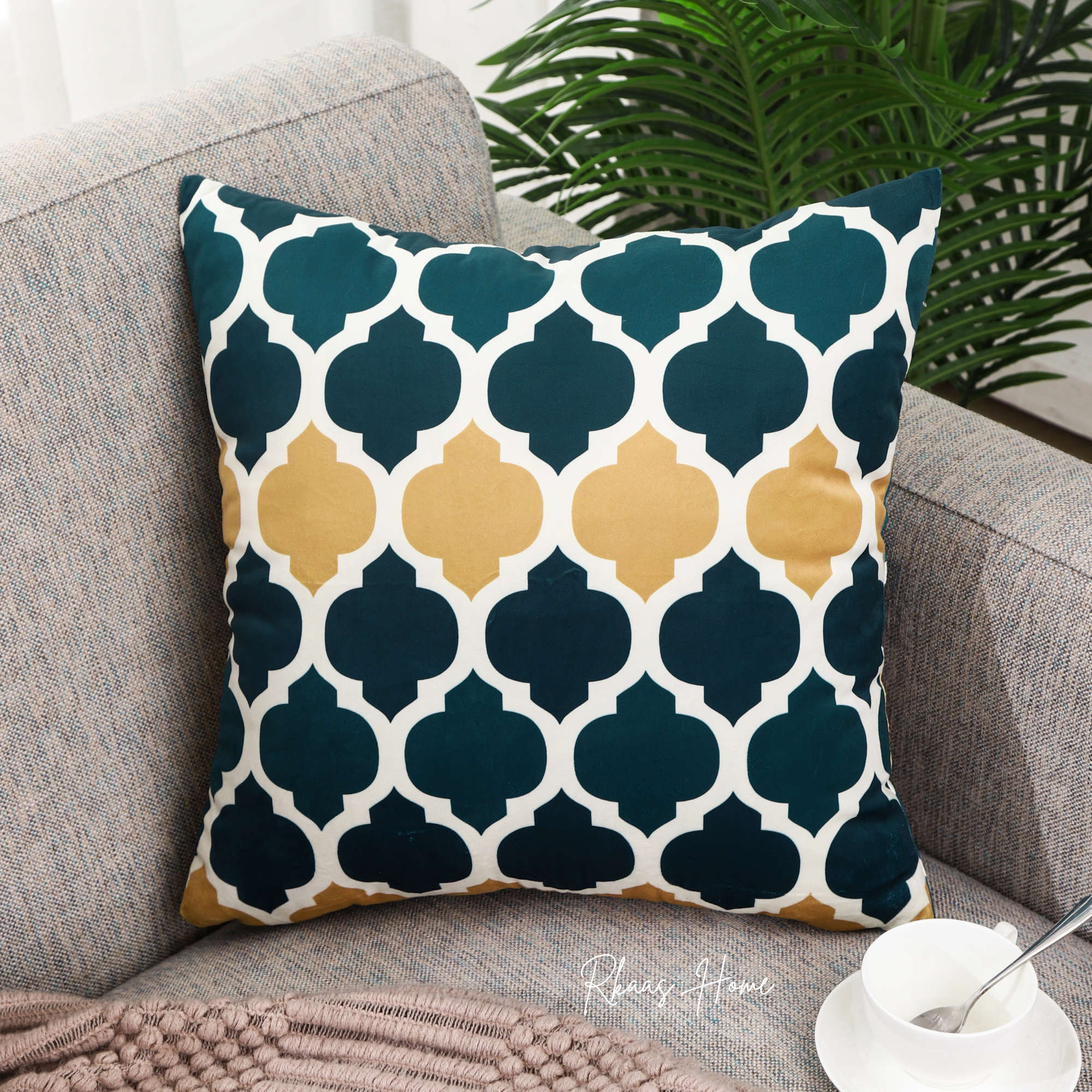 Designer Dutch Velvet Geometric Cushion Cover 45x45 cm (18 inches x 18 inches) - Blue