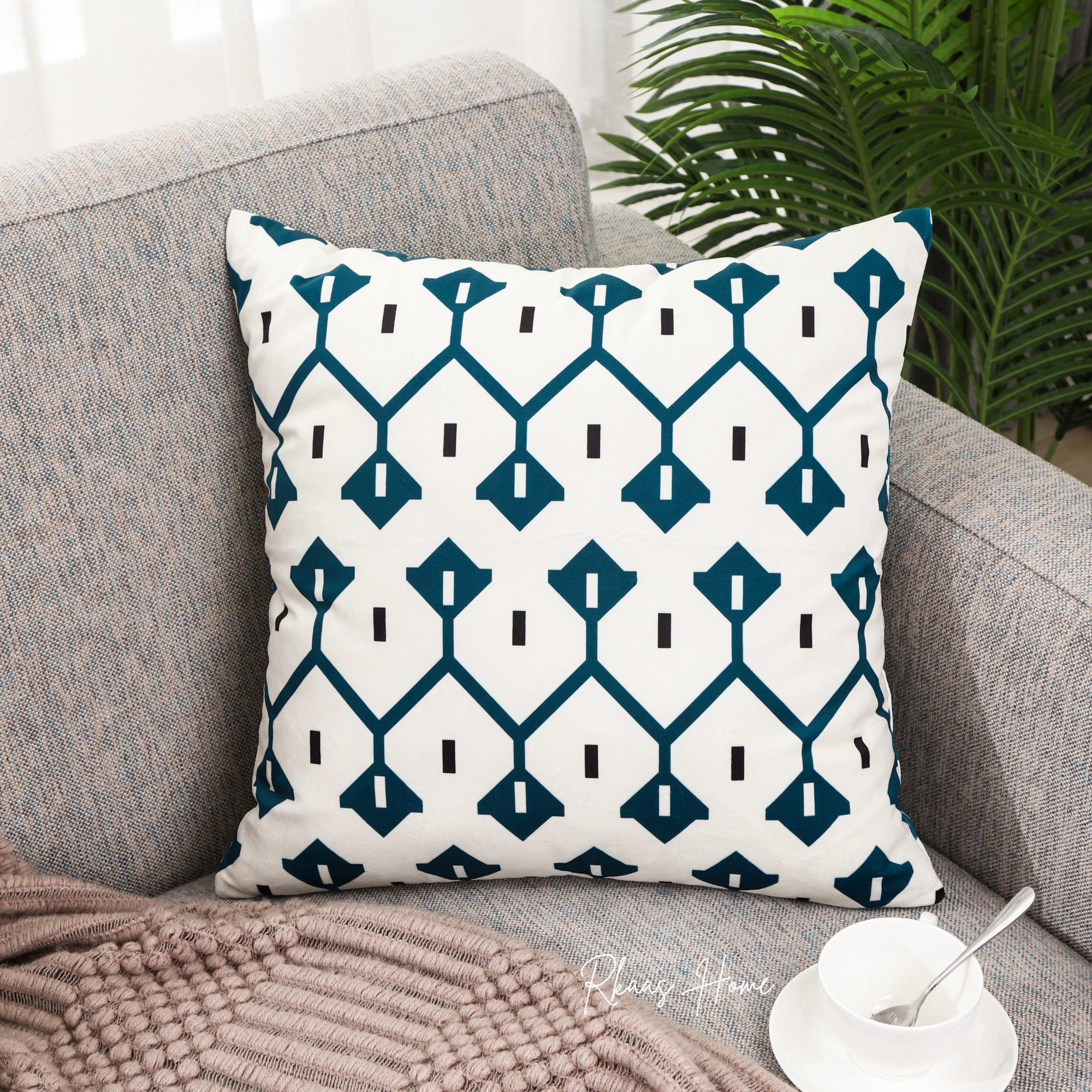 Designer Dutch Velvet Geometric Cushion Cover 45x45 cm (18 inches x 18 inches) - Blue