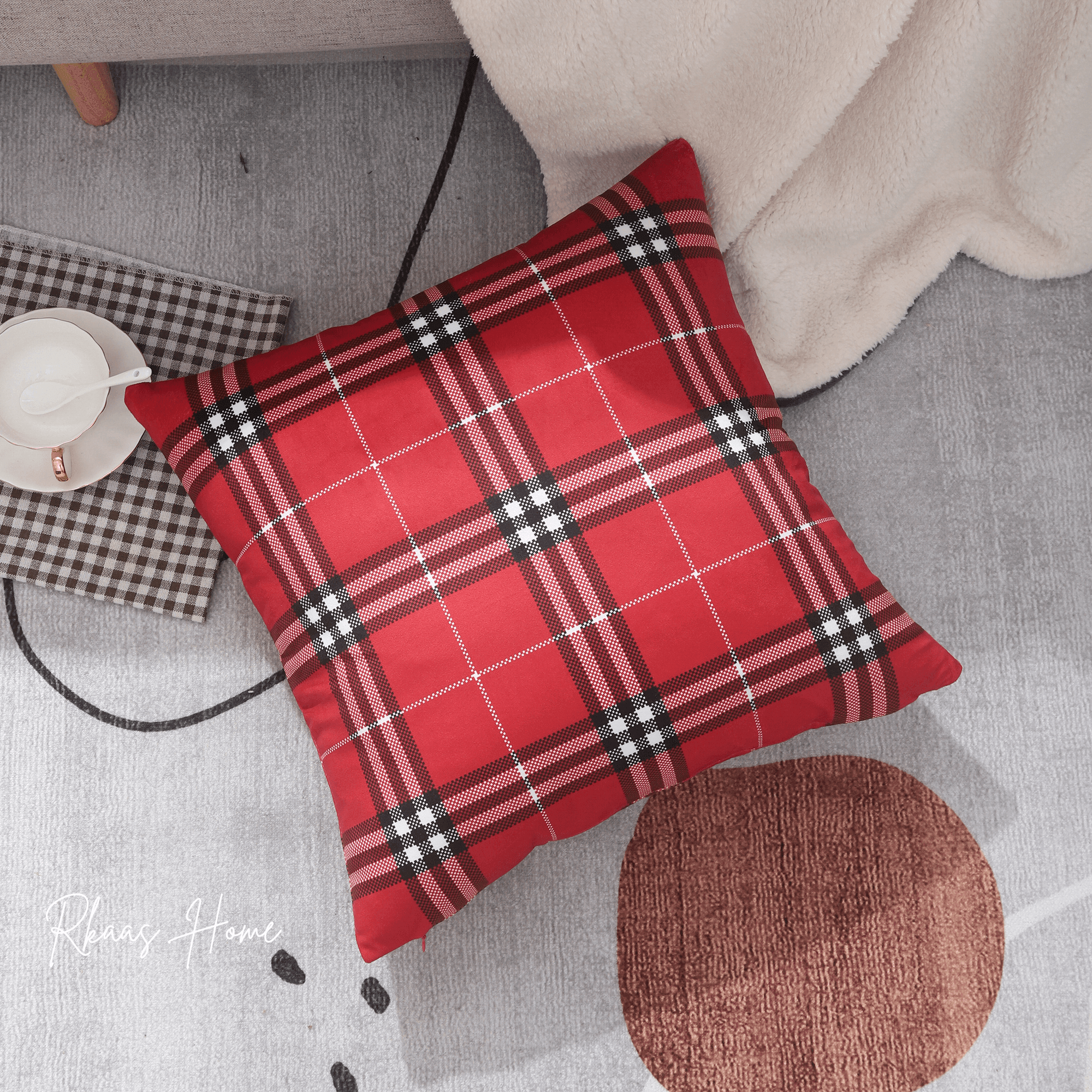 Soft and luxurious velvet pillow cover with a tartan check pattern, 18x18 inches