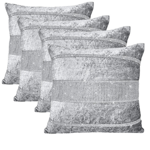 Diamante Sparkle/Bling Silver Grey Colour Crushed Ice Velvet Square Cushion Cover - Design 2 (Set of 2 pcs and 4 pcs)