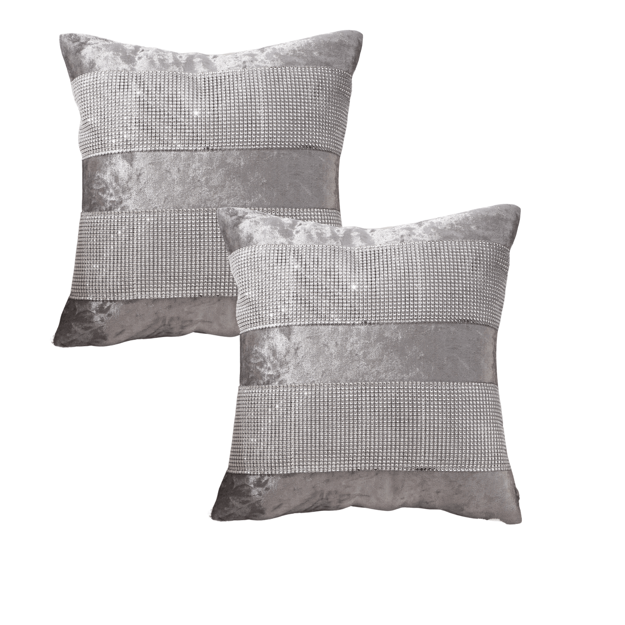 Diamante Sparkle/Bling Silver Grey Colour Crushed Ice Velvet Square Cushion Cover - Design 3 (Set of 2 pcs and 4 pcs)