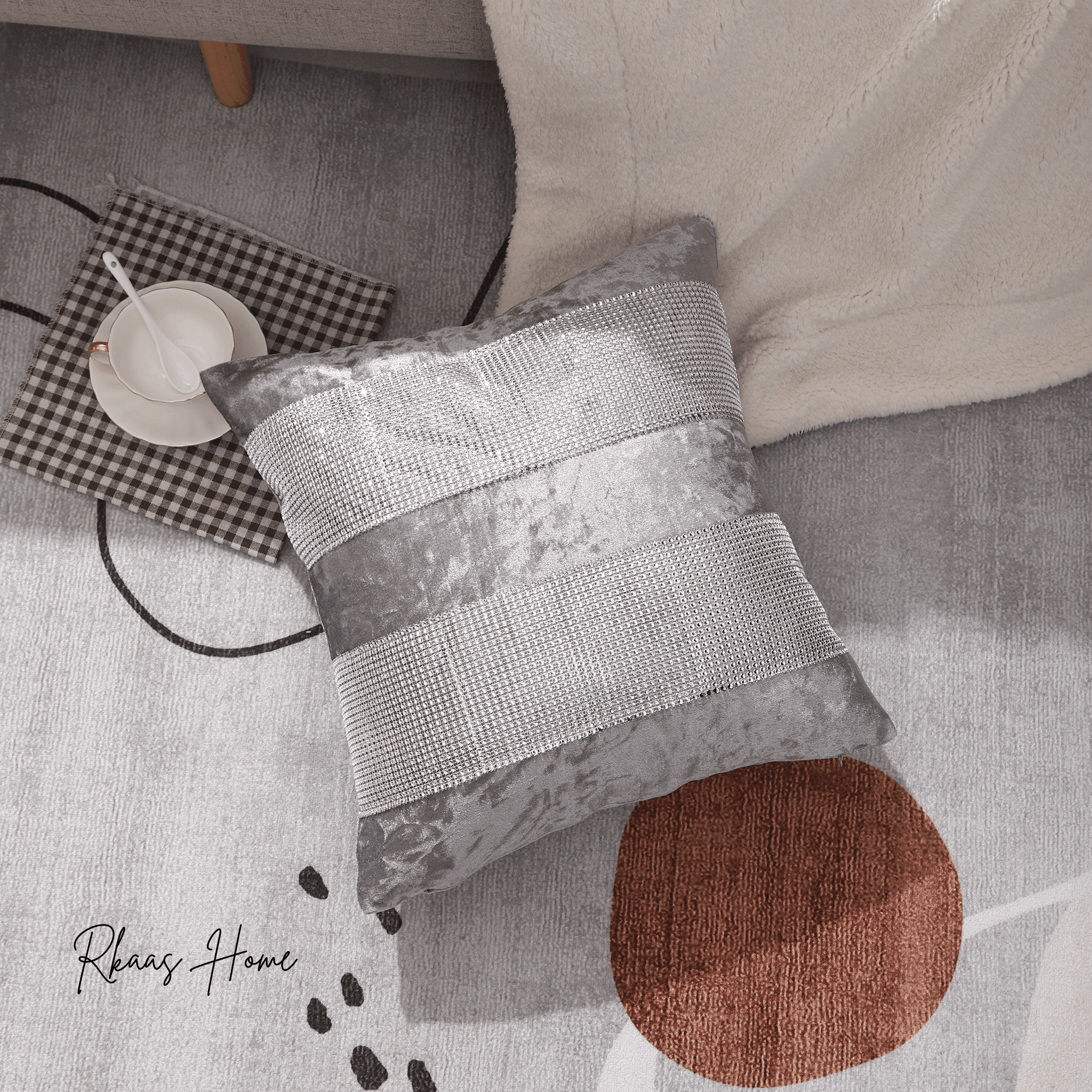 Diamante Sparkle/Bling Silver Grey Colour Crushed Ice Velvet Square Cushion Cover - Design 3 (Set of 2 pcs and 4 pcs)