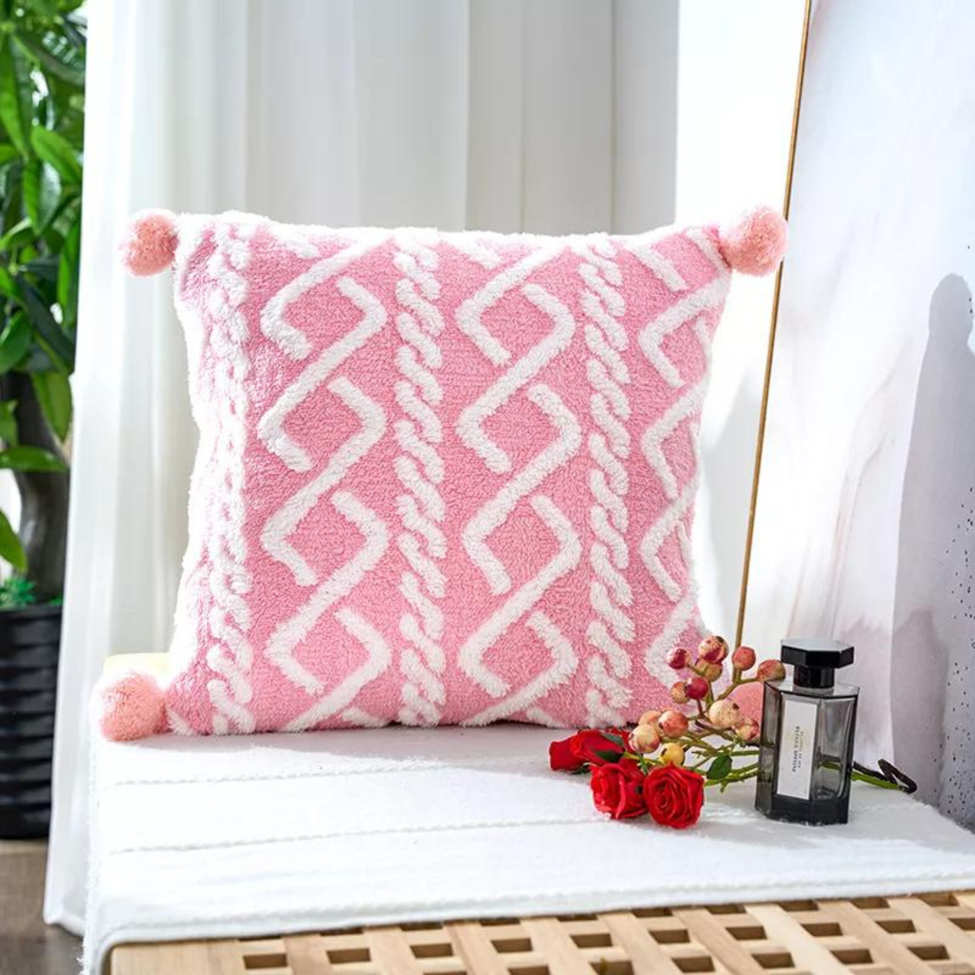 Pom Pom Fluffy Soft Plush Cushion Covers 45X45 CM - Pink